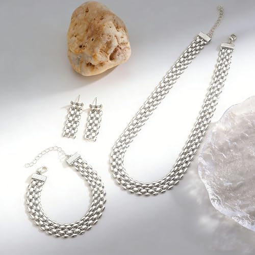 Chunky Gold Jewelry Sets for Women 14K Gold Plated Necklace Earrings Bracelet Set Cuban Link Thick Choker Necklace Punk Statement Necklaces Earrings Bracelet Set Fashion Jewelry Gift for Women - color: Silver
