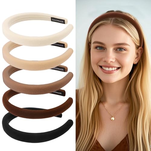 Aprince Padded Headbands for Women 5Pcs, Neutral Headband Non-slip, Thin Headbands with Soft Fabric, Comfortable Brown Headband, Head Bands for Women’s Hair, Plain Elastic Hairbands Fashion