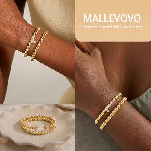 Initial Stack Bracelet Set for Women Trendy 14K Gold Plated Beaded Stackable Stacking Stretch Name Bracelets Dainty Friendship Waterproof Charm Cute Birthday Jewelry Gifts for Women - color: Initial L