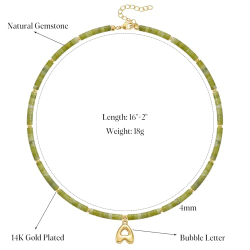 KELORIS PATH Beaded Initial Necklace for Women, 14K Gilded Plated Bubble Letter Pendant Natural Handmade Stone Choker Boho Colorful Summer Beach Jewelry Gift - color: Green Aventurine, style: Letter J