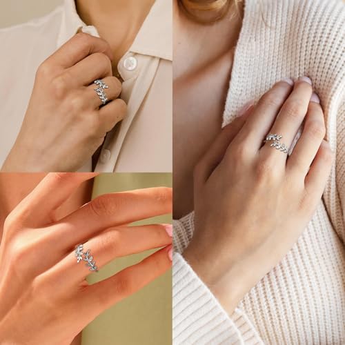 Olive Leaf Rings for Women, Spiritual Meditation Jewelry with Energy Flow Design, 18K Gold Plated Japanese Brass and Asfour Crystal Vine Ring, Symbol of Balance & Inner Harmony - color: Silver