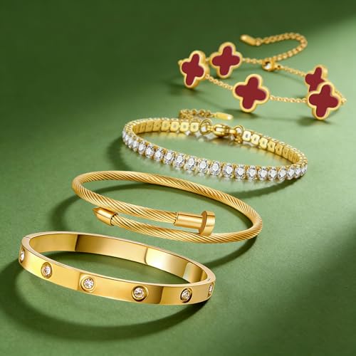 Gold Bracelets for Women, 18K Gold Plated Women Tennis Bracelets Clover Nail Love Bangle Bracelet Set, Gold Bracelet Stackable Set Trendy Jewelry, Gifts for Women's Day and Mother's Day - color: 12-Color- 4 Red