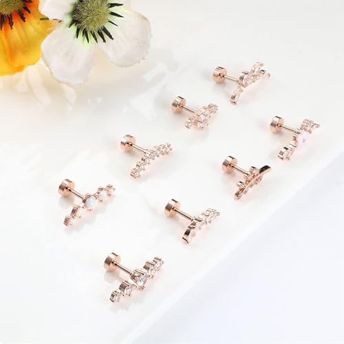 8Pcs Stainless Steel 16G Conch Piercing Jewelry Helix Cartilage Earrings | Flower Opal CZ Stud Earrings Set with Flat Back for Women, 18K Gold Plated, Silver, Rose Gold - color: Rose Gold