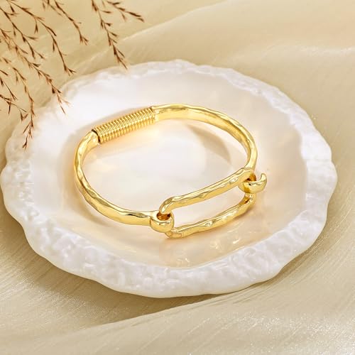 Moodear Chunky Gold Bangle Bracelets for Women, 14K Gold Plated/Silver Cuff | Chunky Statement Jewelry with Hammered Texture, Non Tarnish Gold Plated Finish, Unique Cuff Design, Lightweight Comfort - style: Paperclip Bangle Gold 18.5cm (≈7IN)