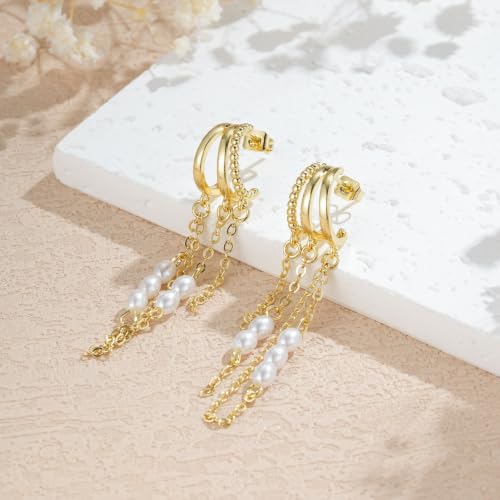 14K Gold Plated Dangle Earrings for Women, Dainty Hoop Huggie Studs, Long Hanging Tassel Chain Multi Pierced Ear Stacking Jewelry Gifts - color: Pearl Dangle-Gold