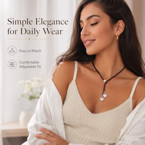A Bohemian Style Heart Faux Pearl Leather Cord Necklace Y Drop Necklace Black Leather Wrap Choker Necklace Gothic Tie Up Necklace Chain Jewelry for Women