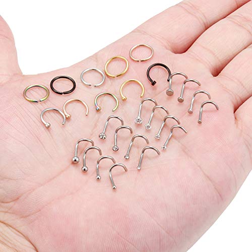 Ruifan 20G 18G Surgical Steel 1.5mm-3mm Flat Ball Clear Diamond CZ Nose Stud Rings Screw Piercing Jewelry 16-26PCS - color: 18G: 26PCS - Silver