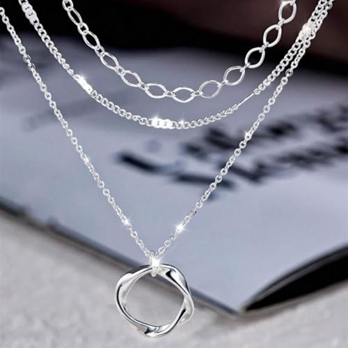 925 Silver Layered and 14K Gold Plated Necklace for Women – Circle Pendant Adjustable Stacking Chain, Retro Modern Jewelry for Special Occasion Gift - color: Silver