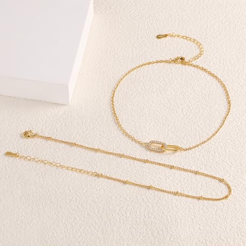 Sterling Silver Ankle Bracelets for Women 14k Gold Plated Waterproof Layered Stackable Bead Chain Infinity Charm Non Tarnish Large Adjustable Summer Party Beach Jewelry Gift - color: goldC