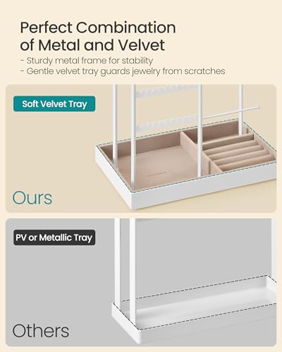 SONGMICS Necklace Holder, Jewelry Stand Holder Organizer, Jewelry Display with Metal Frame, Velvet Tray, Earring Bracelet Holder, for Gift Idea, 5.5 x 9.4 x 14.1 inch, Matte White UJJS028W01 | Necklace Earring Bracelet Holder, for Studs, Rings, Gift Idea,