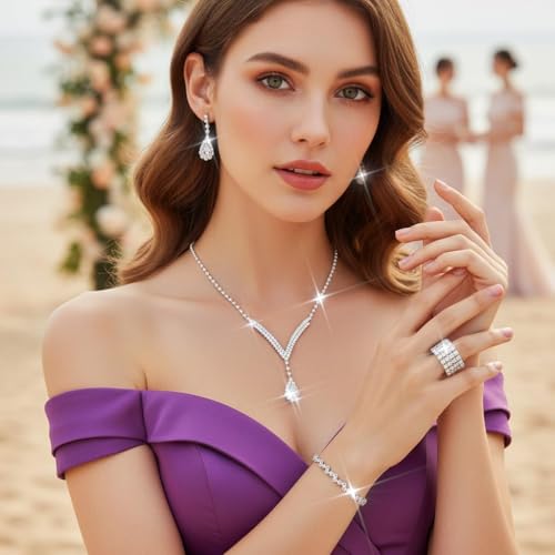 Bridal Wedding Jewelry Set Silver Rhinestone Necklace Earrings Sets Formal Costume Jewelry for Women and Brides - color: C-4 Pack Gold Necklace Bracelet Rings Earrings