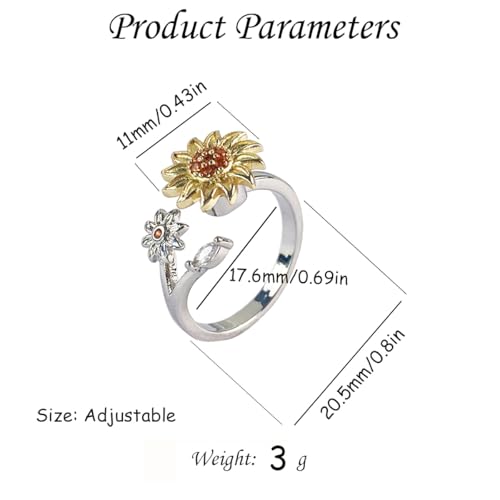 Hebelee Rotatable CZ Sunflower Spinner Ring for Women Fashion Crystal Rotating Flower Stackable Statement Open Wrap Finger Rings Comfort Fit Adjustable Fidget Anxiety Relieving Stress Jewelry - color: Sunflower