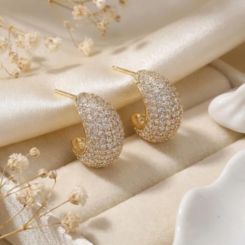 Sonateomber Gold Chunky Crystal Hoop Earrings for Women, Trendy Statement Sparkly CZ Rhinestone Thick Open Hoops Earings Hypoallergenic Wedding Prom Everyday Accessories Fashion Jewelry Gift - color: Bling Gold