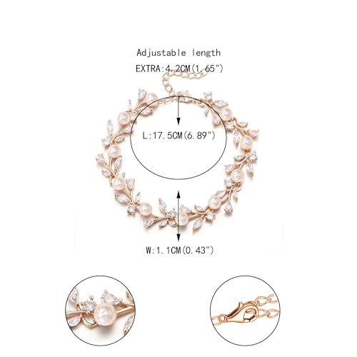 EVER FAITH Gorgeous Cubic Zirconia Pearl Wedding Link Bracelet for Bride | Marquise Teardrop Crystal Bridal Prom Jewelry, for Women Bridesmaids - style: Vine_Rose Gold-Tone
