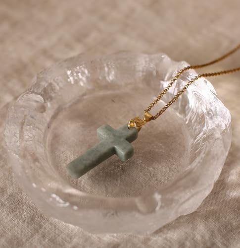Jade Cross Pendant Necklace, Designed in California, Green Jade Stone with 18K Gold Plated Fox Bail, Religious Amulet Jewelry Gift for Men and Women