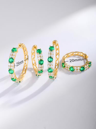 Women's Huggie Hoops with Birthstone 925 Sterling Silver Huggie Stud Hypoallergenic 14K Gold Plated Moissanite Earrings -Emerald Sapphire Ruby Hoop Earrings, Size 20 25mm - color: A -Emerald Gold, size: 25mm (1 Inch)