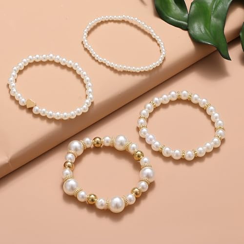 4Pcs Pearl Beaded Bracelet Set, Stackable Elastic Bracelets with Gold Heart, Elegant Faux Pearl Jewelry Gifts for Women