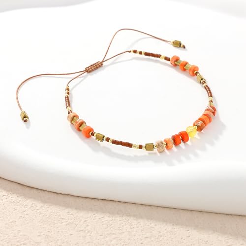 KELITCH Crystal Agate Friendship Bracelet Handmade Seed Beads Adjustable Bracelets for Women - color: Orange