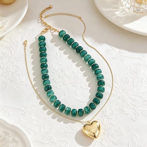 YUJIE Chunky Heart Pendant Necklace for Women- Exaggerated Statement Puff Heart Necklace with Acrylic Beaded Chain - color: B-GREEN