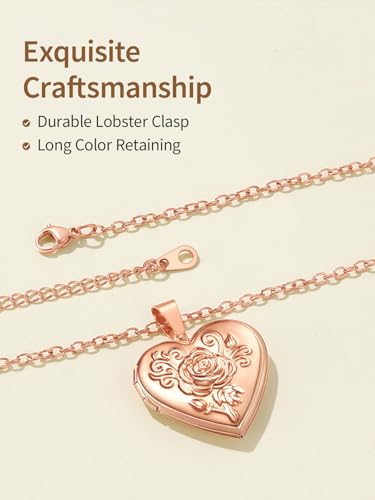 FindChic Locket Necklace for Women Custom Photo Memorial Gifts 4 Colors | Silver/Black/Rose Gold/Gold Plated Personalized for Loved Ones, Birthday Valentine's Day Keepsake - style: 12. Rose Relief (DIY)-Rose Gold
