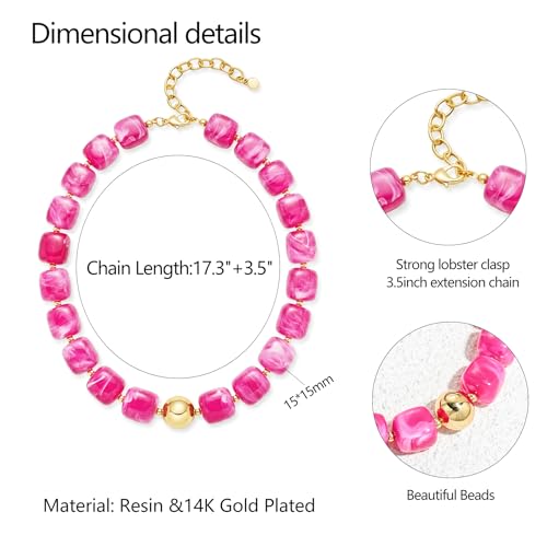 Chunky Colorful Beaded Choker Necklace for Women, Summer Beach Statement Resin Beads Necklace, Trendy Womens Summer Beach Jewelry Birthday Gifts for Vacation Holiday - color: Square Hot Pink Bead