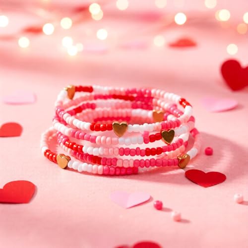 Gold Beaded Bracelets Stack for Women Stocking Stuffers 12PCS Boho Gold Plated Seed Beads Bracelet Stretch Star Stackable Accessories Jewelry Friendship Fall Christmas Gifts for Women - color: 7pcs- Pink Valentine Bracelet