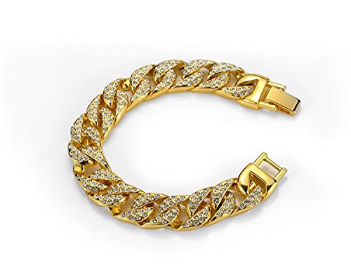 Mens Womens Cuban Link Bracelet Hip Hop Bracelet Stainless Steel Chain Bracelet Iced Out Curb Cuban 18k Gold Plated Bracelet With Clear Rhinestones - color: A-Gold-8.26in