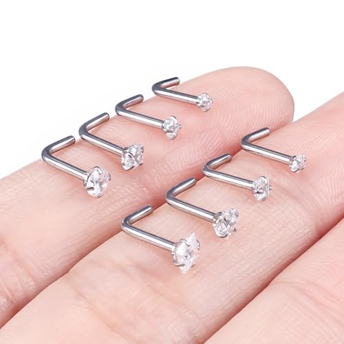 Hoeudjo Nose Studs Surgical Steel Cubic Zirconia Nose Rings Kit for Women Men Tiny Nose Stud Screw & Bone & L Shaped Nostril Piercing Jewelry 22-18 Gauge 8 Pieces 1.5mm 2mm 2.5mm 3mm - color: silvertone, size: 18g,L shaped nose studs,round+square CZ