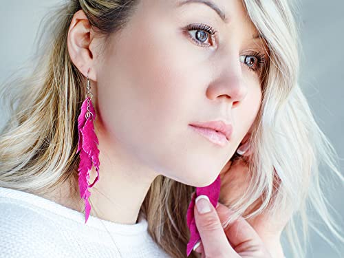 Leather Feather Earrings, Suede layered earrings, boho wedding jewelry, summer earrings, gift for her, dangle earrings - color: Bright pink