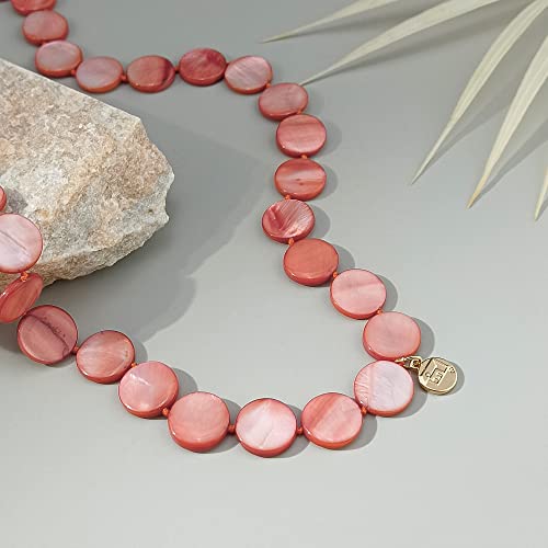 Firstmeet Flat Round Coin Shell Beads Long Knotted Necklace Natural Mother of Pearl Handmade Jewelry For Women - color: Chili