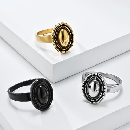 Gold Rings For Women, Stainless Steel Polished Stainless Steel Signet Ring with 18MM Wide Oval, Size 10