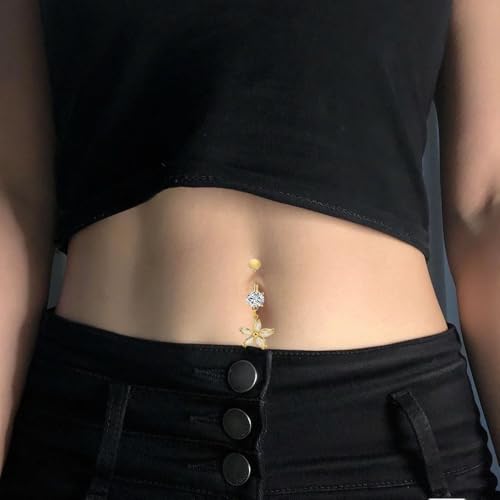 14G Crystal Flower Dangle Belly Button Ring for Women Stainless Steel Rhinestone Fashion Statement Lucky Floral Dangling Charm Curved Barbell Navel Rings Simple Sexy Summer Beach Body Piercing Jewelry - color: Gold-tone