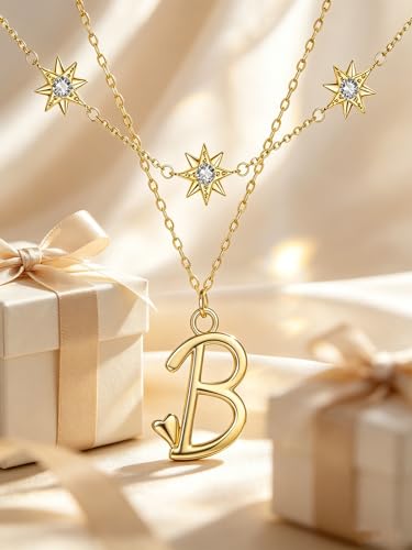 14K Gold A-Z Initial Lette Necklace Star Choker Women Necklace | Personalized Initial Jewelry, Meaningful Name Letter Gift for Women Wife Mom Friend, Perfect Present For Birthday/Anniversary - style: 14K Gold-B