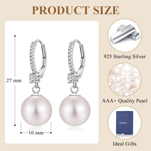 Pearl Dangle Drop Earrings for Women 925 Sterling Silver Pearl Leverback Earrings Cubic Zirconia Pearl Dangling Earrings 10MM - color: 1. white-8mm