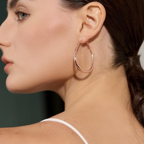 Lightweight Oval Hoop Earrings for Women - 14K Gold Plated, Rose Gold Plated and Sterling Silver Plated Large Oblong Hoop Earrings for Women Statement Jewelry Gift - color: rose gold