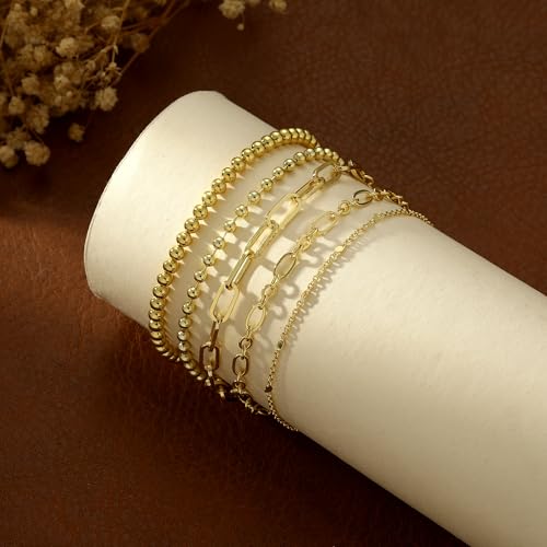 Dainty Bracelet for Women 14K Gold Plated Cross Pearl CZ Leaf Bracelets Set Gold Layering Bracelets Everyday Jewelry - color: 5 Layer Beaded Set -GD