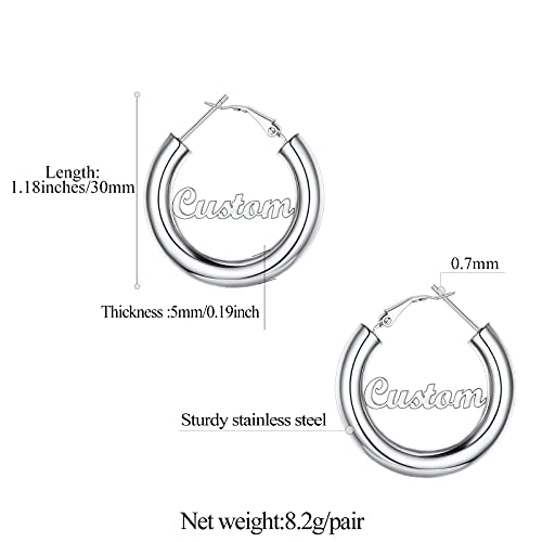 FindChic Hoop Earrings for Women, Silver/Black/14K Gold Plated Hypoallergenic Hollow Round Tube Loop Earrings, 20mm/30mm/40mm/60mm/80mm Chunky Hoops with Custom Name Options & Gift Box - color: e.Silver (Custom Name), size: 30MM