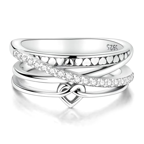 MULA S925 Sterling Silver Ring Multi-layered Interlaced Heart-shaped Band | Eternity Ring for Women with CZ Cubic Zirconia Wide Finger Rings Costume Jewelry