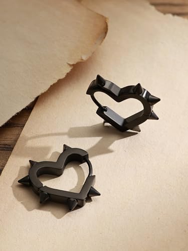 Huggie Hoop Spike Heart Earrings, Gothic Punk Grunge Emo Y2k Earrings, Goth Jewelry, Christmas Jewelry Gift For Women - color: black