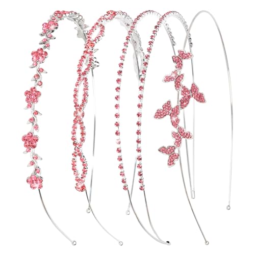 Wecoe 4 Pack Pink Rhinestone Headband Flower Girl Bridal Wedding Headband Crystal Headpiece Flower Leaf Butterfly Metal Hairband Hair Accessories for Women Girls Gifts - color: Silver band & pink rhinestones