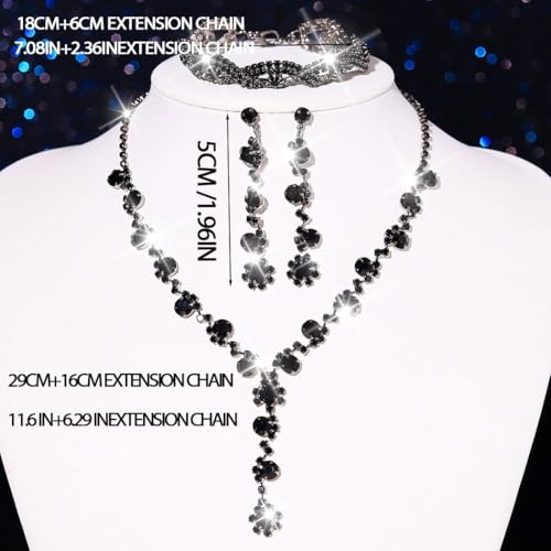 Aukmla Rhinestone Wedding Prom Jewelry Sets Silver Diamond Necklaces and Earring Bracelet Set for Brides and Women - color: Black