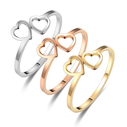 Love Plain Stacking Band Statement Wedding Promise Ring For Women | Stainless Steel, Cute Hollow Heart Design,Waterproof,Tarnish Resistant,Gift For Mother’s Day, Valentine’s Day, Christmas - color: Silver 2 Hearts