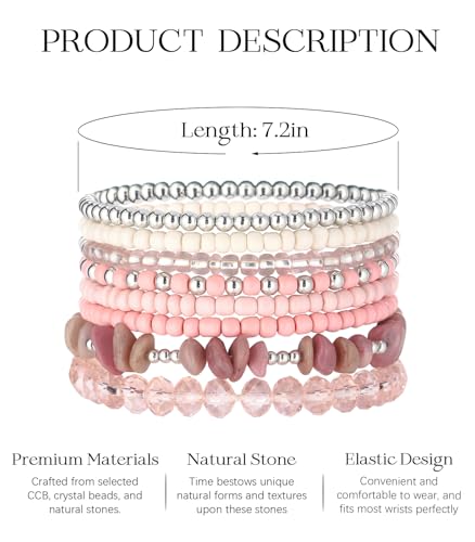 Noessla Boho Beaded Bracelets for Women Stackable Irregular Natural Stone Bead Stretch Bracelet Set 8PCS Costume Jewelry Gifts for Her - color: Pink