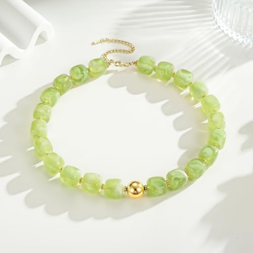 Ritach Chunky Beaded Necklaces for Women - Colorful Large Square Acrylic Beaded Necklace Boho Chunky Necklace Adjustable Statement Choker Necklace for Women Waterproof Summer Beach Jewelry Gifts - color: Light Green