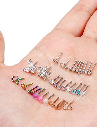 Prjndjw 20G 18G Nose Rings Studs Surgical Steel Nose Stud Glow Dark Heart Opal CZ Flower Nose Piercing Jewelry Nose Rings for Women Straight Screw L Shaped Nose Rings Hypoallergenic Nose Piercing Kit - color: 20G-Straight Bar Nose rings