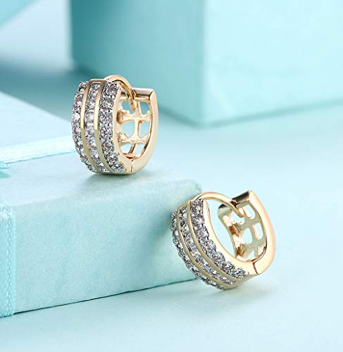 14K Rose Gold Plated Three Row Cubic Zirconia Small Huggie Hoop Earrings Fashion Jewelry for Men Women - color: gold