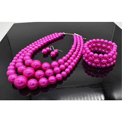 JNF Faux Pearl Statement Necklaces Big Beaded Necklace for Women Chunky Pearls Necklace and Earring Set Large beads Costume Necklace - color: Fuchsia pearl necklace