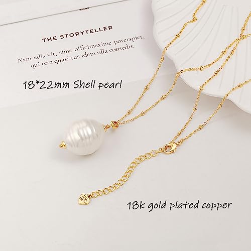 18k Gold Plated Chain Link Necklace for Women, Baroque Pearl/Compass Pendant Necklace - color: Long Pearl