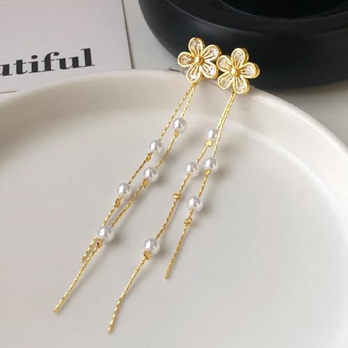 Pearl Earrings for Women 14k Gold/Silver Pearl Drop Earrings Long White Pearl Tassel Dangle Statement Earrings Bridal Wedding Dainty Prom Earrings Birthday Gifts Jewelry - color: Gold Flower Pearl Drop Earrings