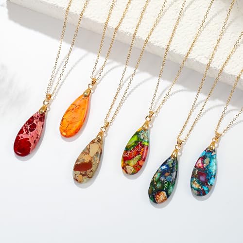 Joya Love 14K Gold Plated Healing Stone Teardrop Pendant Necklace for Women, Waterproof Stainless Steel Chain, Colorful Natural Stone Look, Boho Spiritual Jewelry Gift - color: Orange -Gold